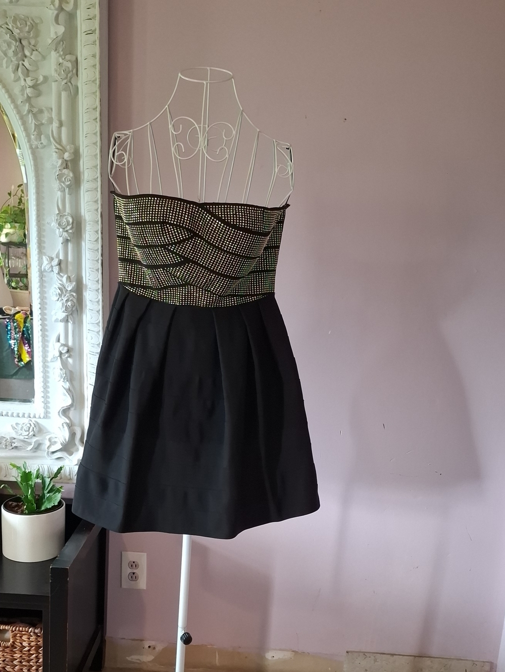 bebe Black Dress with Gold-Studded Bodice